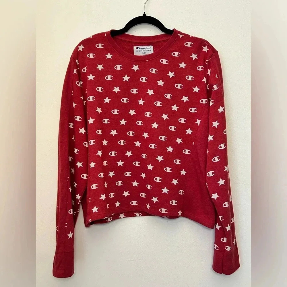 Champion Logo Print Red White Crewneck Long Sleeve Crop  Sz XL‎ Pullover